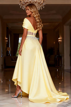 Sparkly Light Yellow Corset Satin Long Prom Dress with Beading