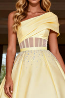 Load image into Gallery viewer, Sparkly Light Yellow Corset Satin Long Prom Dress with Beading