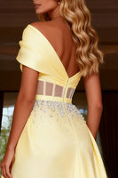 Load image into Gallery viewer, Sparkly Light Yellow Corset Satin Long Prom Dress with Beading