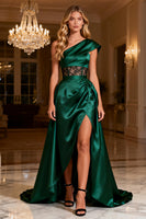 Load image into Gallery viewer, Dark Green One Shoulder Satin Long Corset Prom Dress with Slit