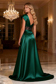 Dark Green One Shoulder Satin Long Corset Prom Dress with Slit