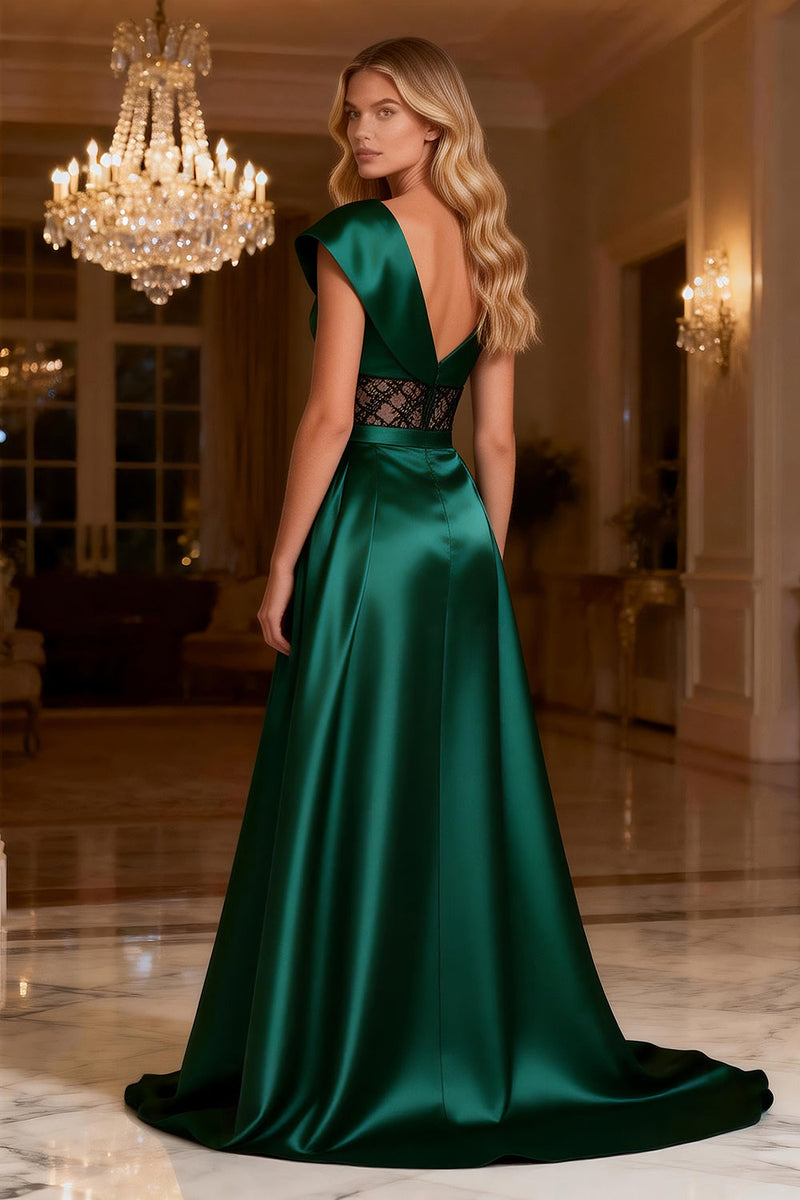 Load image into Gallery viewer, Dark Green One Shoulder Satin Long Corset Prom Dress with Slit