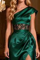 Load image into Gallery viewer, Dark Green One Shoulder Satin Long Corset Prom Dress with Slit
