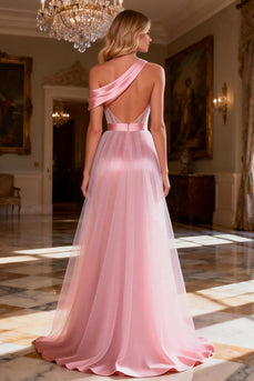 Sparkly Pink Satin Long Corset Prom Dress with Slit