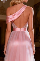 Load image into Gallery viewer, Sparkly Pink Satin Long Corset Prom Dress with Slit