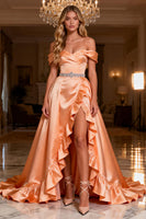 Load image into Gallery viewer, Sparkly Orange Satin Ruffled Long Prom Dress with Slit