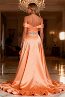 Load image into Gallery viewer, Sparkly Orange Satin Ruffled Long Prom Dress with Slit