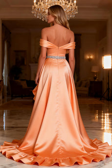 Sparkly Orange Satin Ruffled Long Prom Dress with Slit
