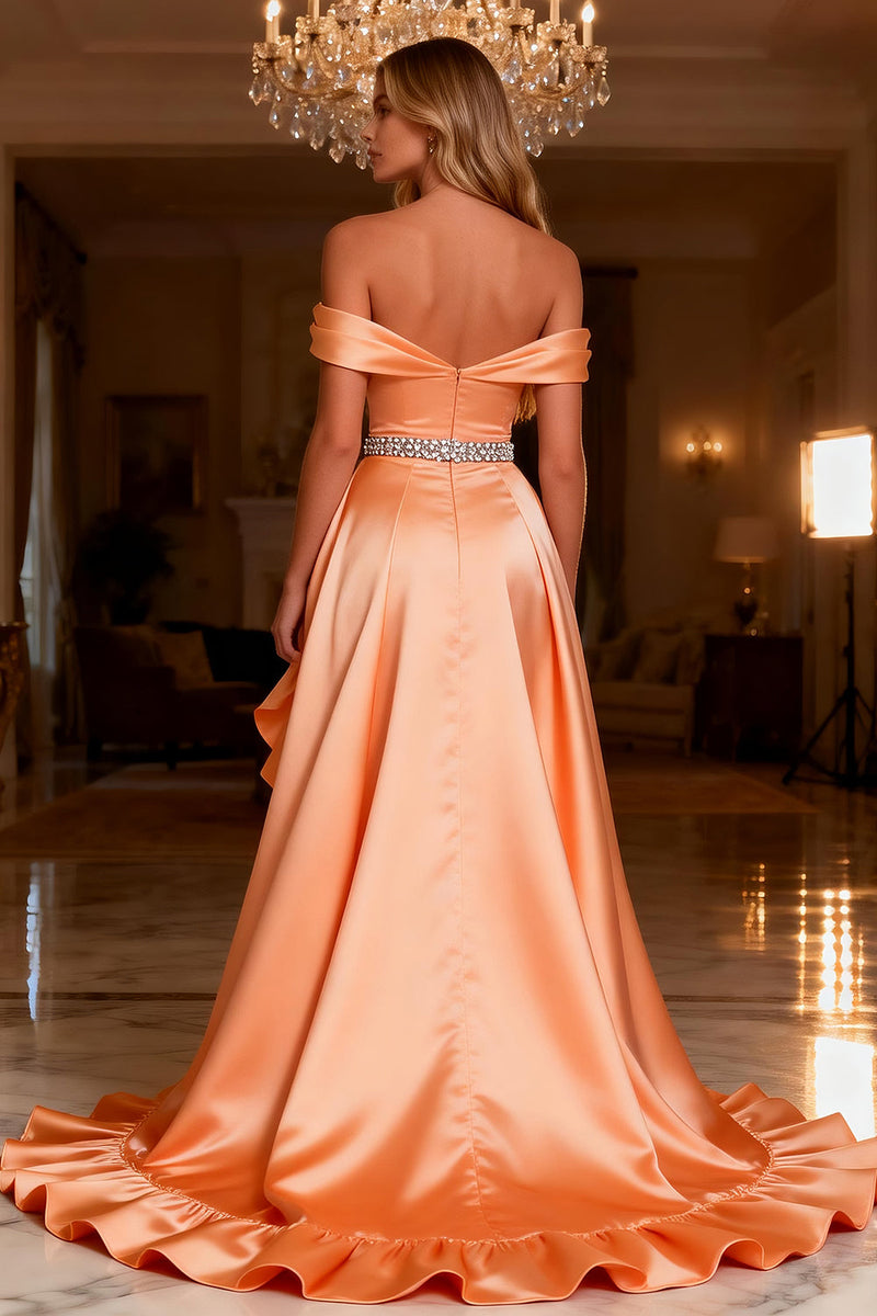 Load image into Gallery viewer, Sparkly Orange Satin Ruffled Long Prom Dress with Slit