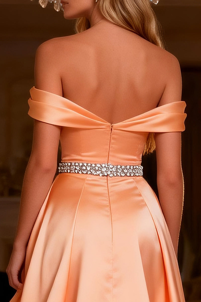 Load image into Gallery viewer, Sparkly Orange Satin Ruffled Long Prom Dress with Slit
