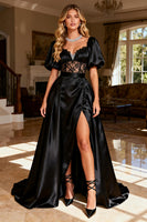 Load image into Gallery viewer, Black Backless Satin Long Corset Prom Dress with Slit