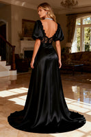 Load image into Gallery viewer, Black Backless Satin Long Corset Prom Dress with Slit