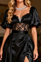 Load image into Gallery viewer, Black Backless Satin Long Corset Prom Dress with Slit