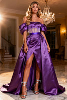 Load image into Gallery viewer, Purple Off the Shoulder Satin Long Corset Prom Dress with Slit