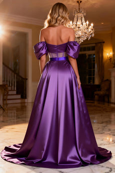 Purple Off the Shoulder Satin Long Corset Prom Dress with Slit