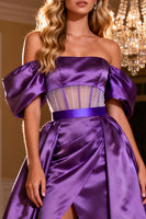 Load image into Gallery viewer, Purple Off the Shoulder Satin Long Corset Prom Dress with Slit