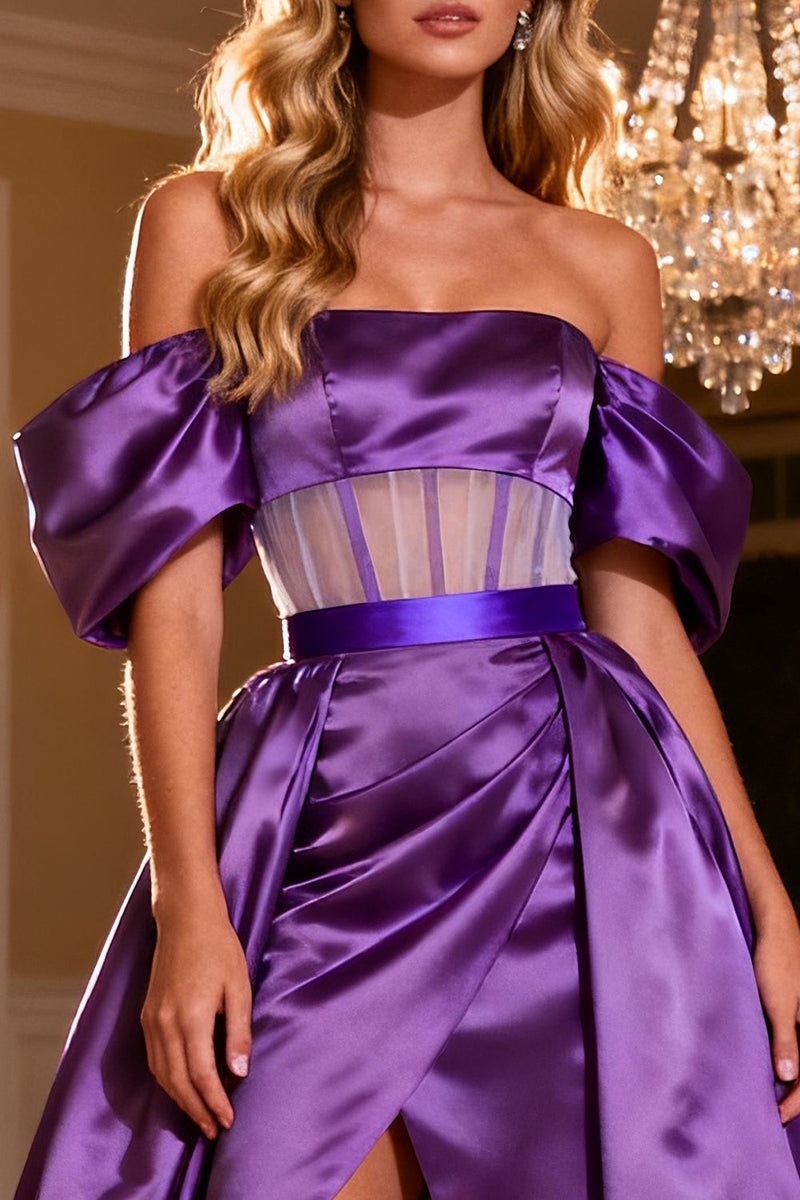 Load image into Gallery viewer, Purple Off the Shoulder Satin Long Corset Prom Dress with Slit