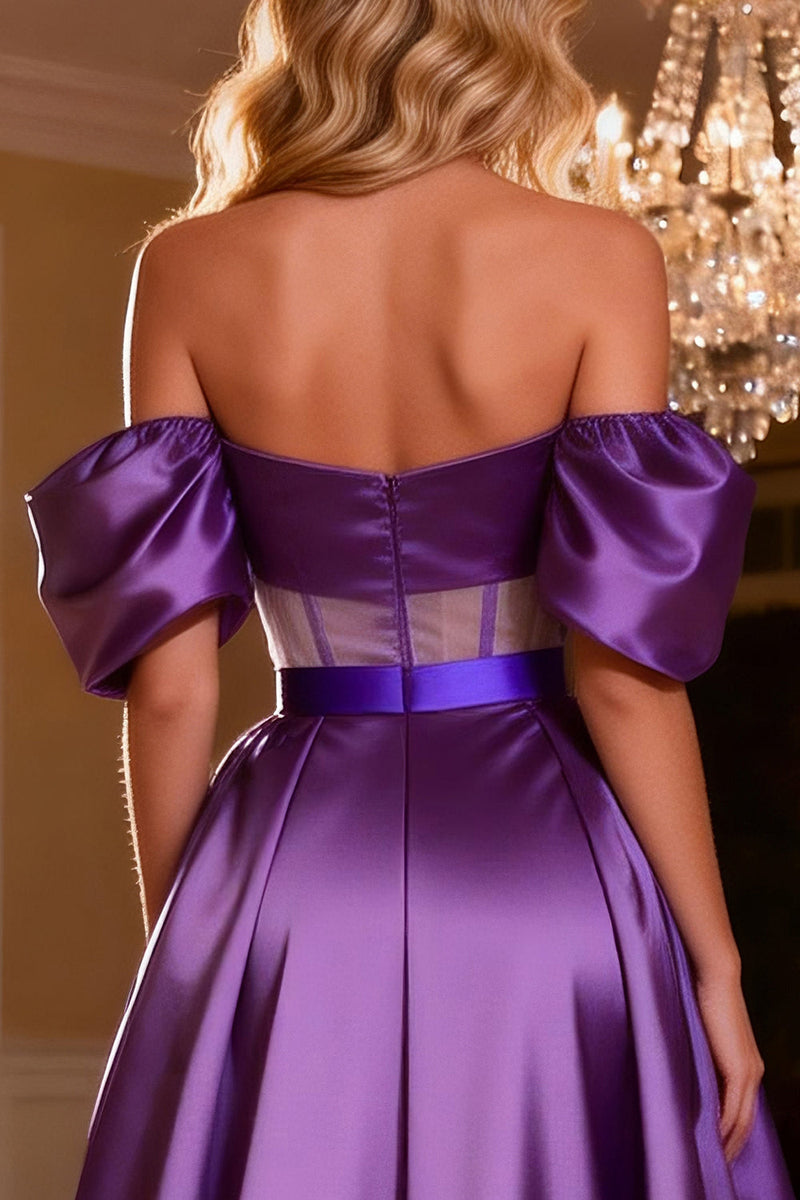 Load image into Gallery viewer, Purple Off the Shoulder Satin Long Corset Prom Dress with Slit