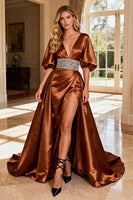 Load image into Gallery viewer, Sparkly Bronze Satin V-Neck Beaded Long Prom Dress with Slit