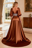 Load image into Gallery viewer, Sparkly Bronze Satin V-Neck Beaded Long Prom Dress with Slit
