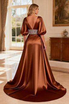 Sparkly Bronze Satin V-Neck Beaded Long Prom Dress with Slit