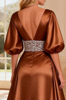 Load image into Gallery viewer, Sparkly Bronze Satin V-Neck Beaded Long Prom Dress with Slit