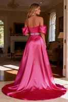 Load image into Gallery viewer, Sparkly Hot Pink Satin Beaded Long Prom Dress with Slit