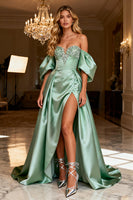 Load image into Gallery viewer, Sparkly Sage Green Satin Maxi Prom Dress with Slit
