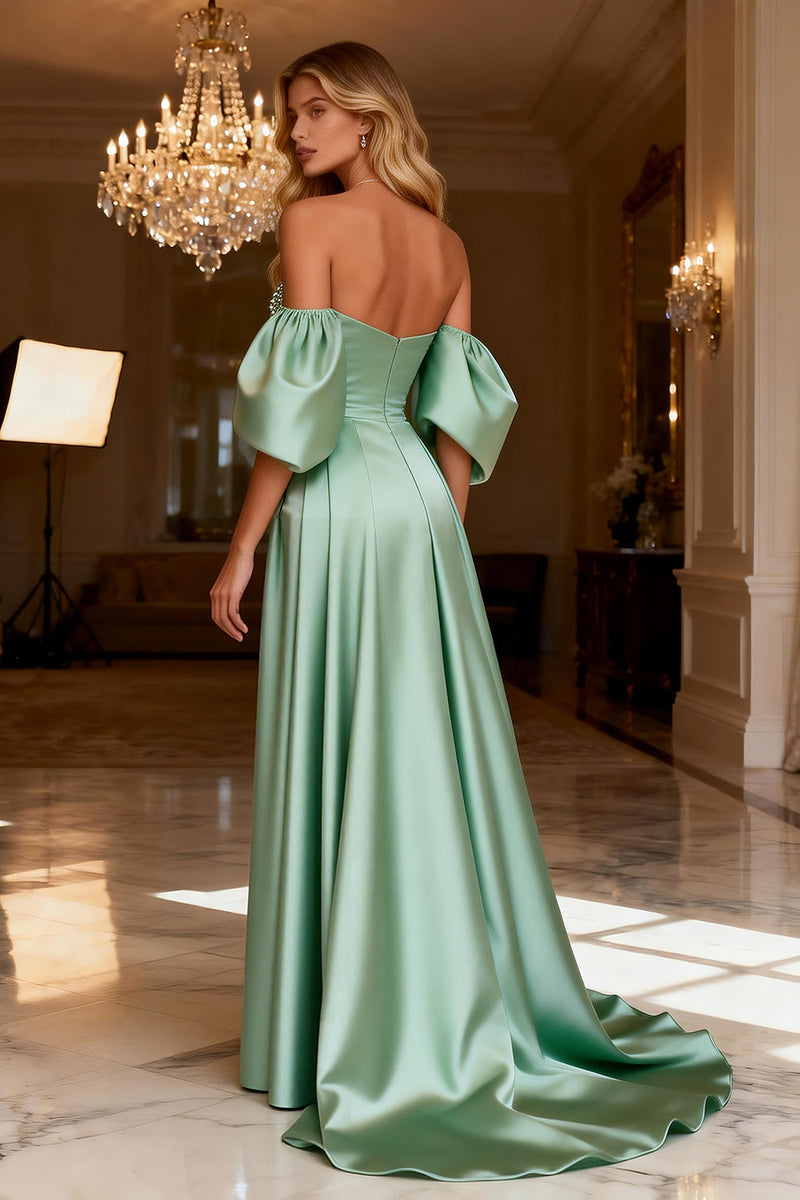 Load image into Gallery viewer, Sparkly Sage Green Satin Maxi Prom Dress with Slit