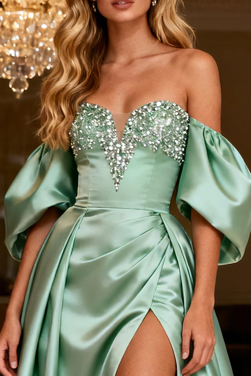Load image into Gallery viewer, Sparkly Sage Green Satin Maxi Prom Dress with Slit