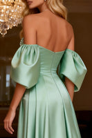 Load image into Gallery viewer, Sparkly Sage Green Satin Maxi Prom Dress with Slit
