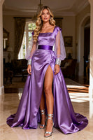 Load image into Gallery viewer, Sparkly Purple Ruched Satin Long Prom Dress with Cape