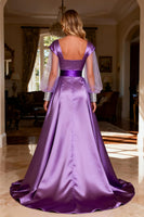 Load image into Gallery viewer, Sparkly Purple Ruched Satin Long Prom Dress with Cape