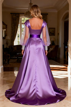 Sparkly Purple Ruched Satin Long Prom Dress with Cape