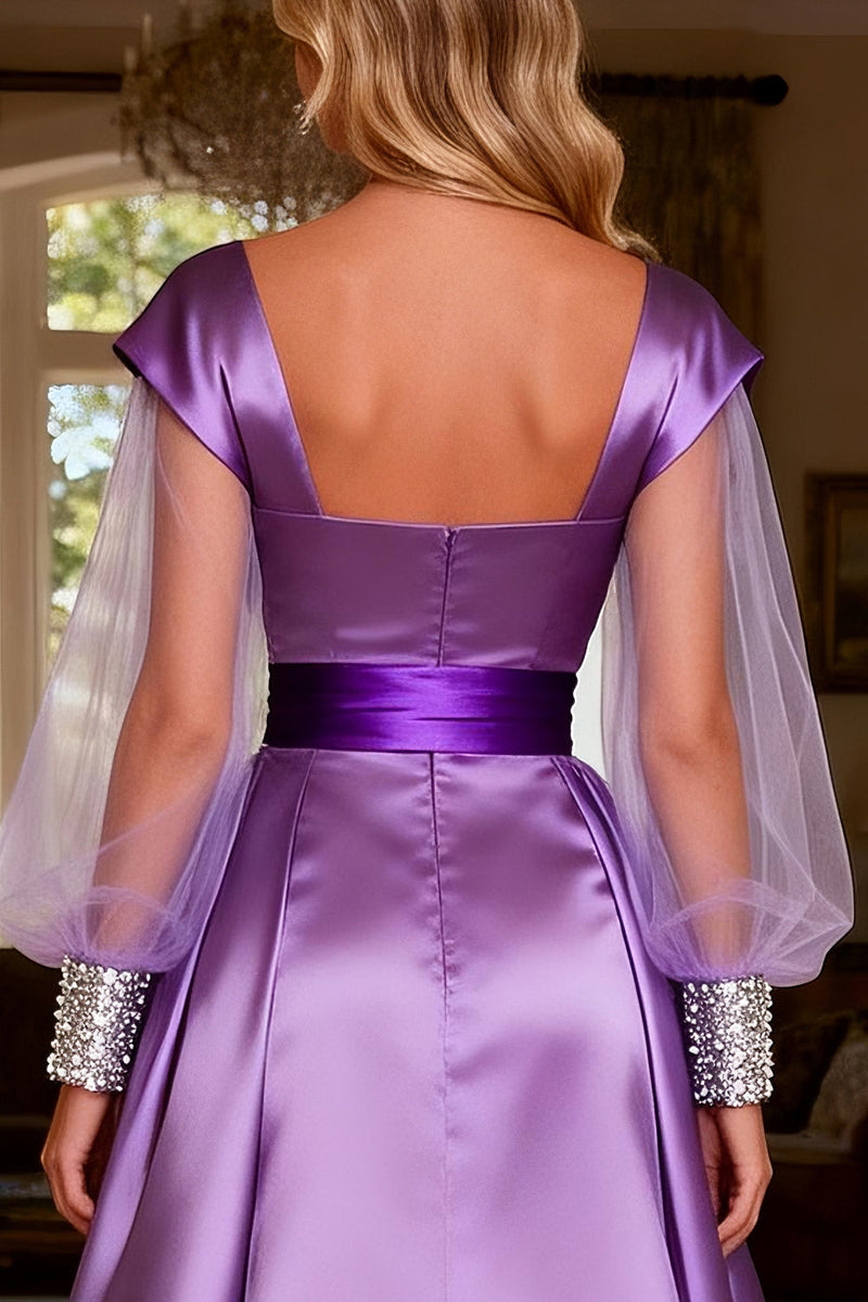 Load image into Gallery viewer, Sparkly Purple Ruched Satin Long Prom Dress with Cape
