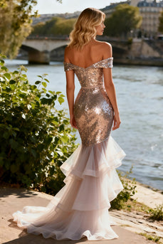 Sparkly Champagne Mermaid Ruffled Sequin Long Prom Dress with Slit