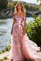 Load image into Gallery viewer, Sparkly Pink Ruffled Off the Shoulder Sequin Long Prom Dress