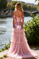 Load image into Gallery viewer, Sparkly Pink Ruffled Off the Shoulder Sequin Long Prom Dress