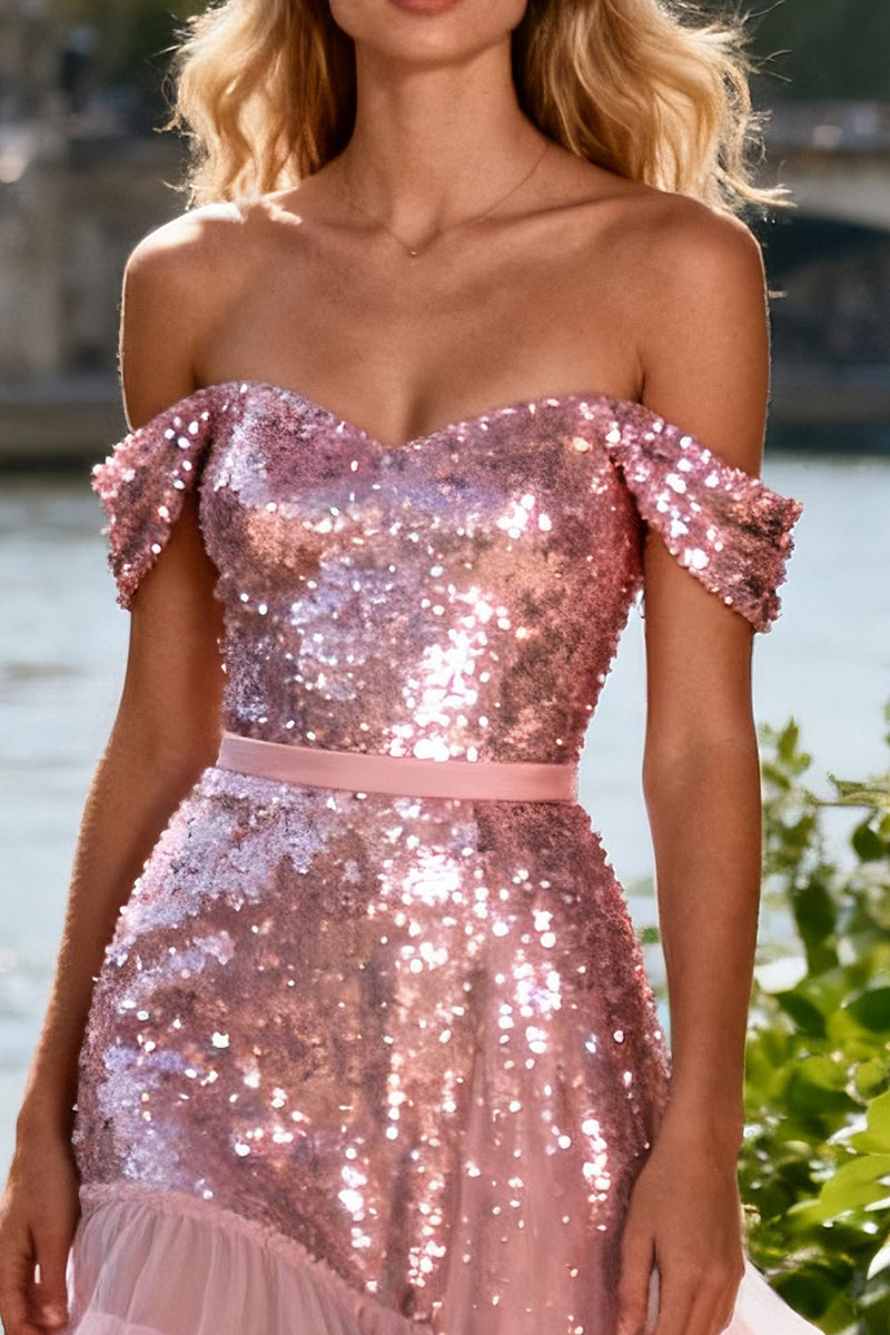 Load image into Gallery viewer, Sparkly Pink Ruffled Off the Shoulder Sequin Long Prom Dress