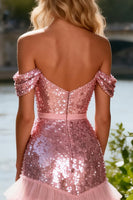 Load image into Gallery viewer, Sparkly Pink Ruffled Off the Shoulder Sequin Long Prom Dress