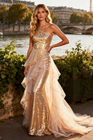 Load image into Gallery viewer, Sparkly Gold Tiered Ruffled Long Sequin Prom Dress with Cape