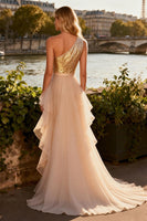 Load image into Gallery viewer, Sparkly Gold Tiered Ruffled Long Sequin Prom Dress with Cape