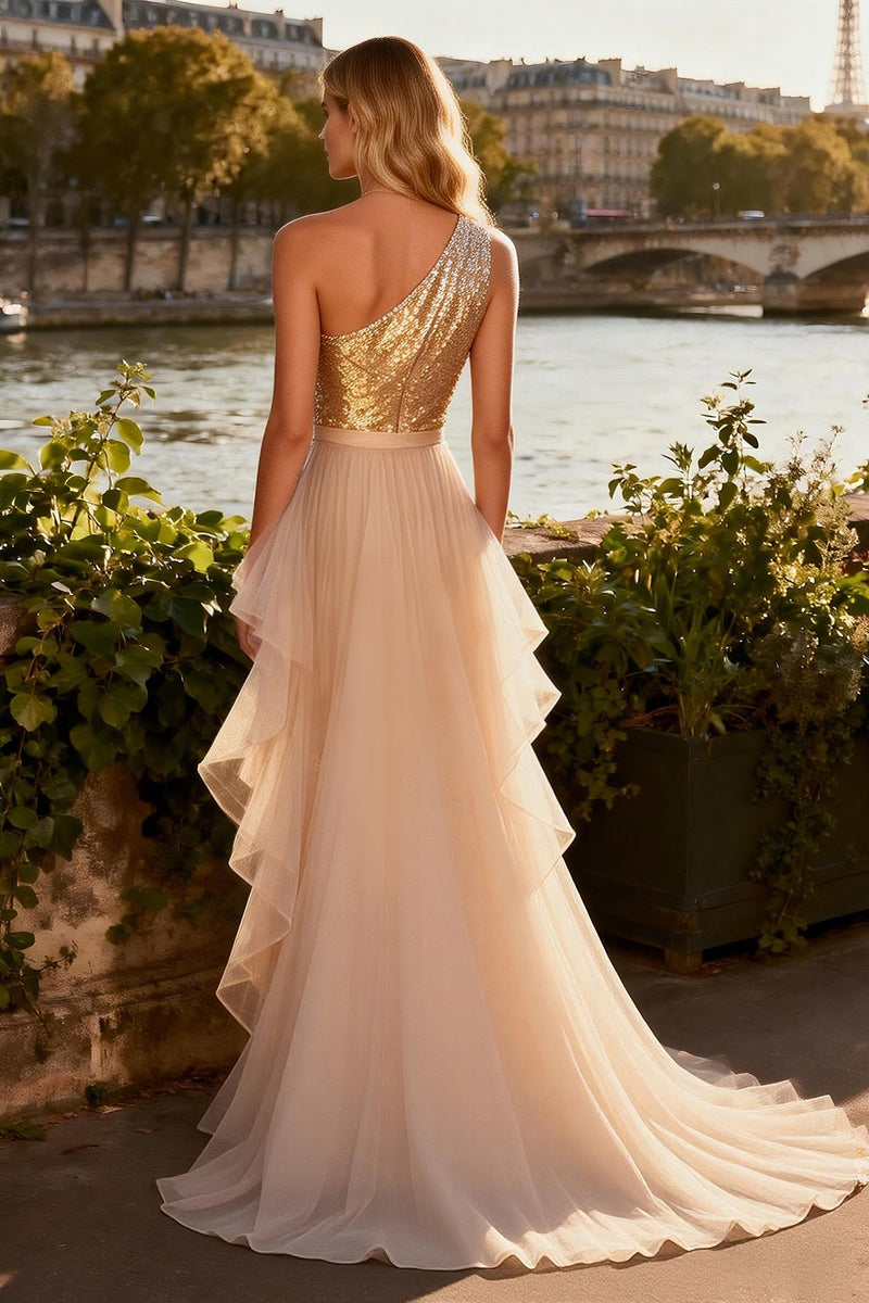 Load image into Gallery viewer, Sparkly Gold Tiered Ruffled Long Sequin Prom Dress with Cape