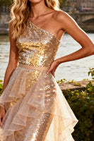 Load image into Gallery viewer, Sparkly Gold Tiered Ruffled Long Sequin Prom Dress with Cape