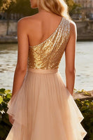 Load image into Gallery viewer, Sparkly Gold Tiered Ruffled Long Sequin Prom Dress with Cape