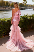 Load image into Gallery viewer, Sparkly Pink Ruffled Mermaid Long Sequin Prom Dress