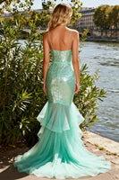 Load image into Gallery viewer, Sparkly Mint Green Mermaid Long Sequin Prom Dress with Ruffles