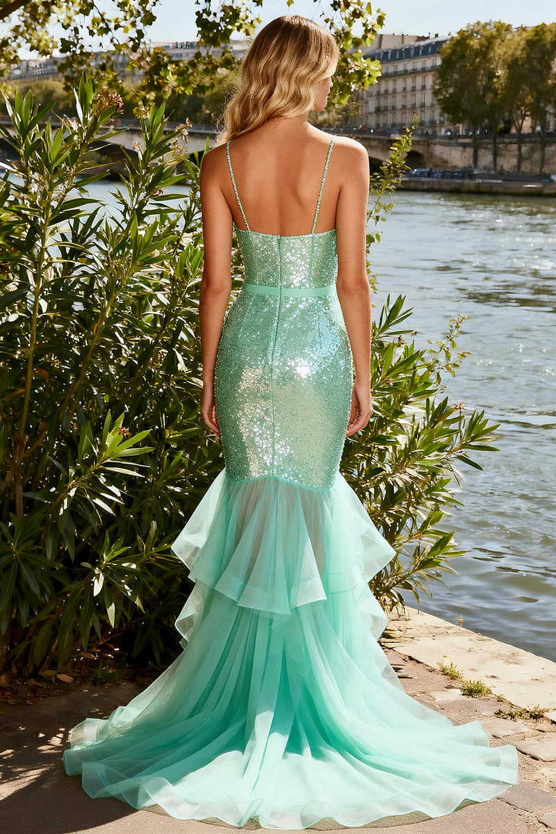 Load image into Gallery viewer, Sparkly Mint Green Mermaid Long Sequin Prom Dress with Ruffles