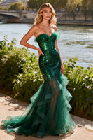 Load image into Gallery viewer, Sparkly Dark Green Sequin Tiered Mermaid Ruffled Long Prom Dress