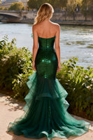 Load image into Gallery viewer, Sparkly Dark Green Sequin Tiered Mermaid Ruffled Long Prom Dress